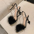 Ankle Strap High Heels with Fluffy Feather Detail Women Sandals