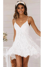 Deep V-Neck Backless Mini Dress with Spaghetti Straps and Hollow Out Detail