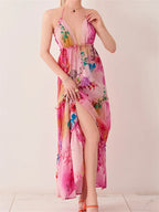 Floral Print Halter Deep V-Neck Tiered Ruffle Trim Maxi Dress