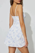 Printed Mini Dress with Spaghetti Straps and Tie-Up Detail