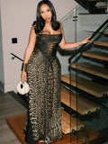 Print Spaghetti Strap Square Neck Mesh Panel Side Slit Maxi Dress
