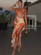 Halter Neck Metal Ring Cut Out Abstract Print Ruffle High Low Midi Dress