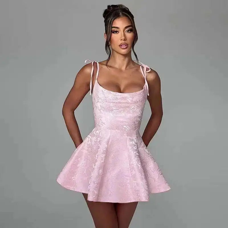 Jacquard Strapless Bow Back Fit and Flare Mini Dress