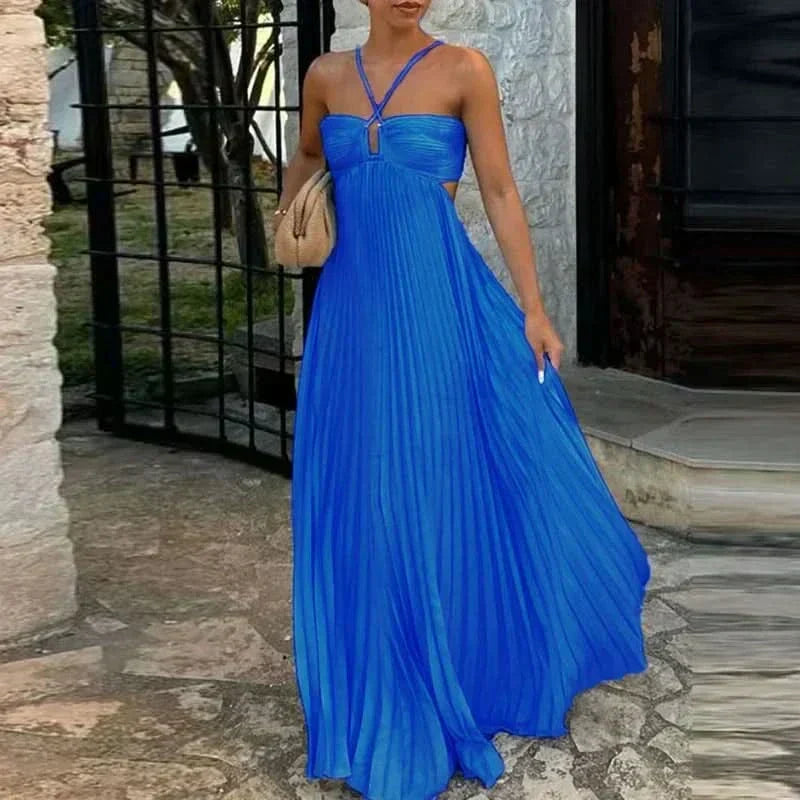 Halter Neck Sunray Pleated Side Cutout Maxi Dress