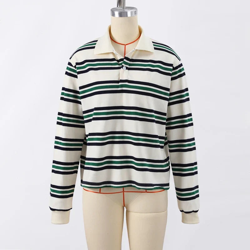 Vintage Stripe Basic Women's T-shirt Casual Long Sleeve Female All Match Polo Shirt Spring New Ladies Loose Tops High Street