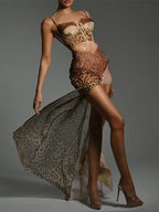 Lace Corset Bustier Patchwork Mesh High Slit Maxi Dress