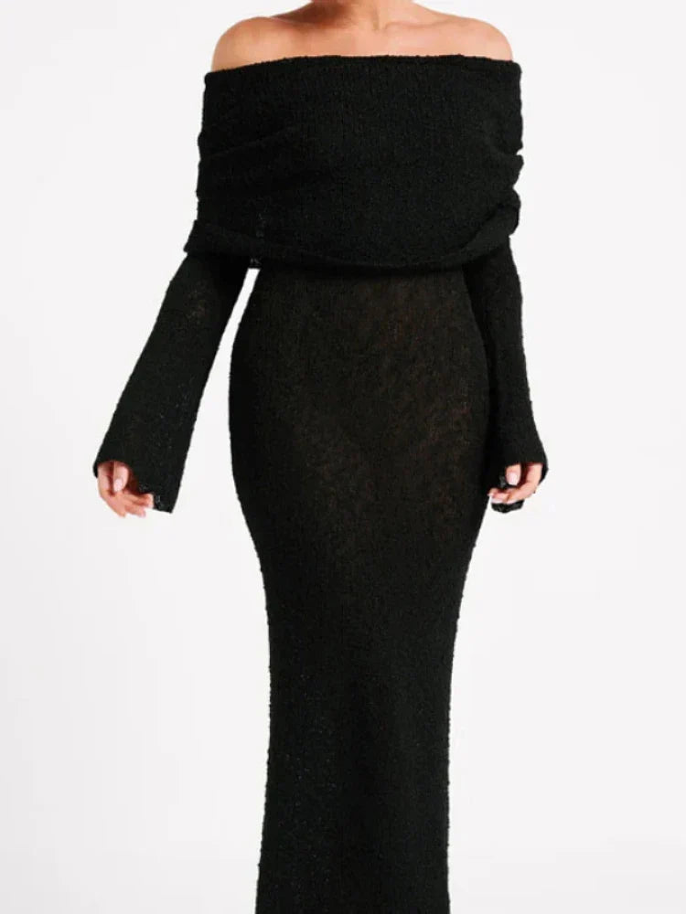 Off Shoulder Textured Knit Bell Sleeve Ruched Collar Bodycon Mini Dress