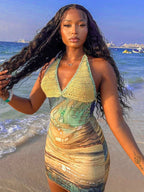Crochet Halter Abstract Print Bodycon Mini Dress