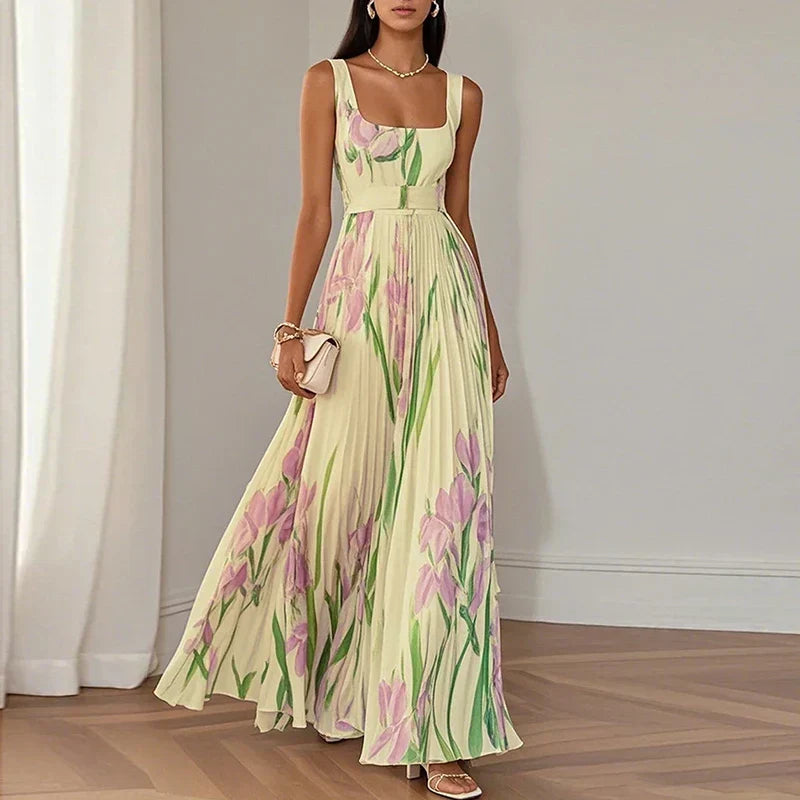 Square Neck Belted Accordion Pleat Floral Print Maxi Dress