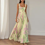 Square Neck Belted Accordion Pleat Floral Print Maxi Dress
