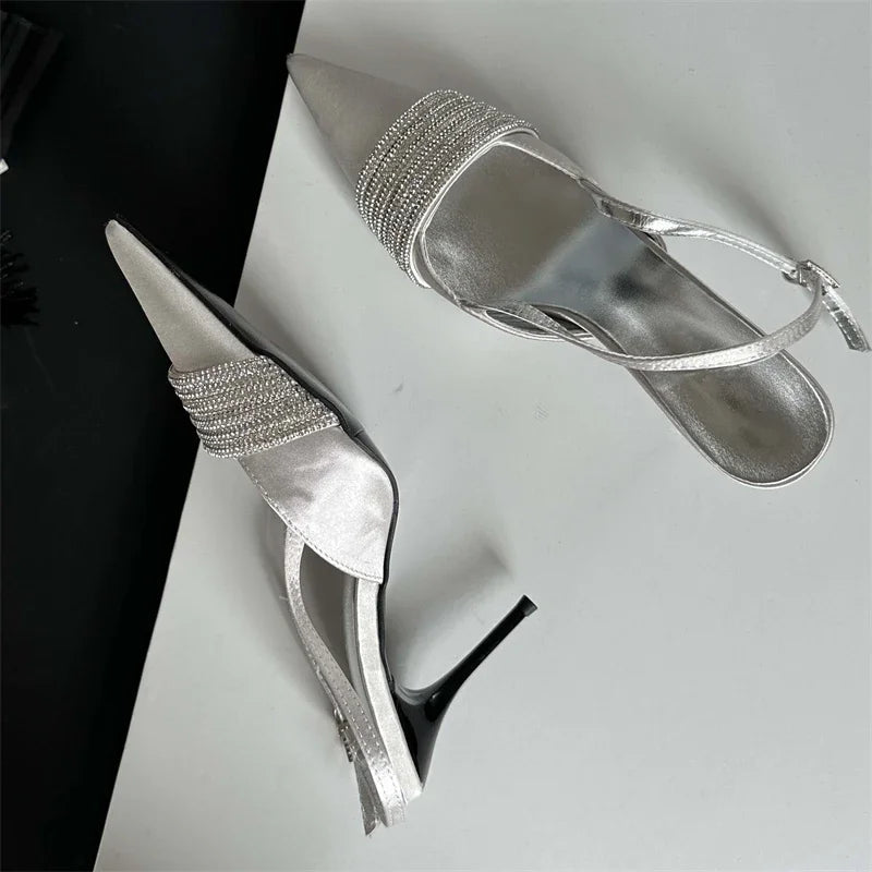 Crystal Rhinestone Silk Women Pumps with Slingbacks and Buckle Strap, Prom Thin Heels
