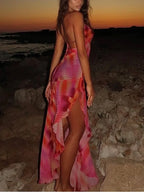 Lily Floral Print Abstract Wave Stripe Spaghetti Strap High Split Maxi Dress