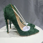Green Tassel Distressed Fabric Stiletto High Heels Chic Sexy Pumps