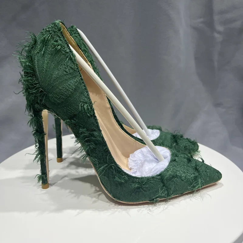 Green Tassel Distressed Fabric Stiletto High Heels Chic Sexy Pumps
