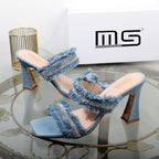 Denim women slippers with new rhinestone plush stiletto heels