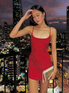 Rhinestone Floral Branch Spaghetti Strap Scoop Neck Bodycon Mini Dress