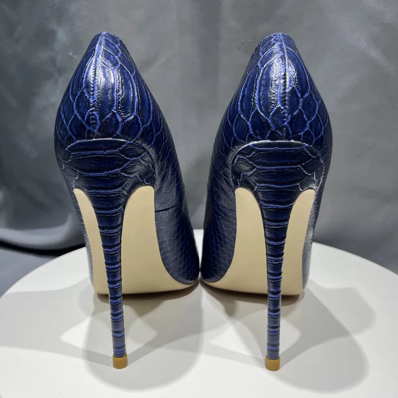Navy Blue Croc-Effect Pointed Toe High Heel Shoes for Women
