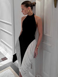 Color Block Halter Draped Side Panel Bodycon Midi Dress