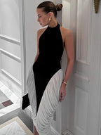Color Block Halter Draped Side Panel Bodycon Midi Dress