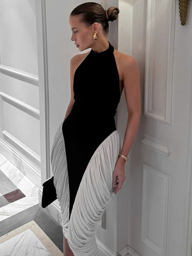 Color Block Halter Draped Side Panel Bodycon Midi Dress