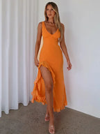 Deep V-Neck Ruffle Trim High Slit Tank Maxi Dress