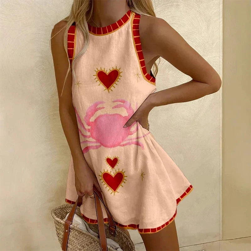 Graphic Print Sleeveless Crew Neck A-Line Linen Mini Dress