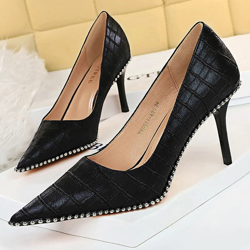 8 Cm Stiletto Pumps with Metal Beads and Kitten Heels for Women