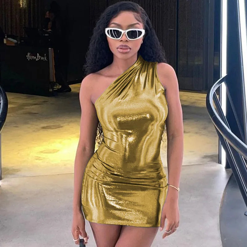 Metallic One Shoulder Bodycon Mini Dress