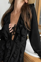 Lace-Up Pleated Long Sleeve A-Line Mini Dress