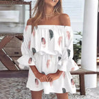 Off Shoulder Floral Print Bell Sleeve Elastic Waist Ruffle Cuff Mini Dress