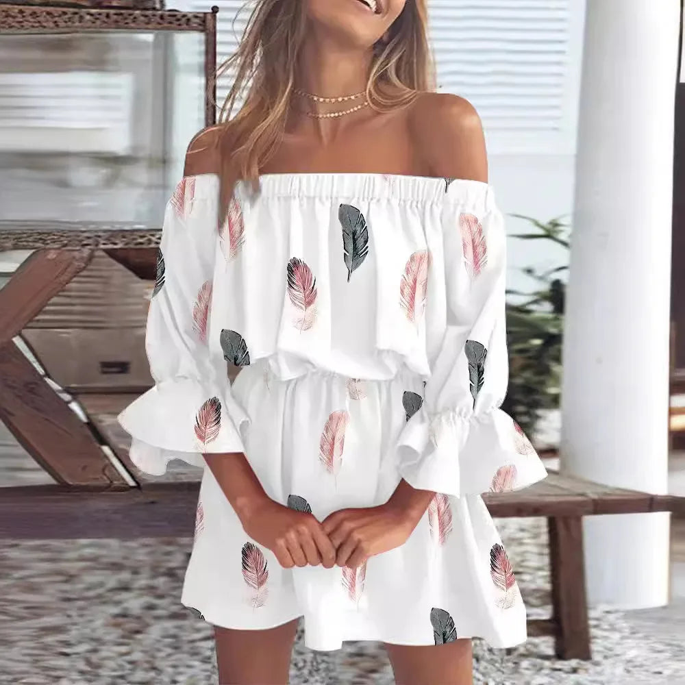 Off Shoulder Floral Print Bell Sleeve Elastic Waist Ruffle Cuff Mini Dress