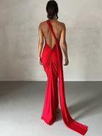 Halter Neck Open Back Draped Sash Ruched Ring Detail Maxi Dress
