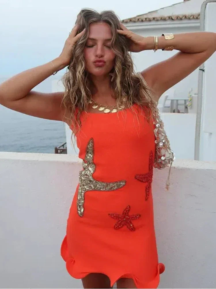 Starfish Applique Scoop Neck Shimmer Knit Bodycon Mini Dress