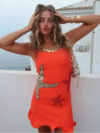 Starfish Applique Scoop Neck Shimmer Knit Bodycon Mini Dress