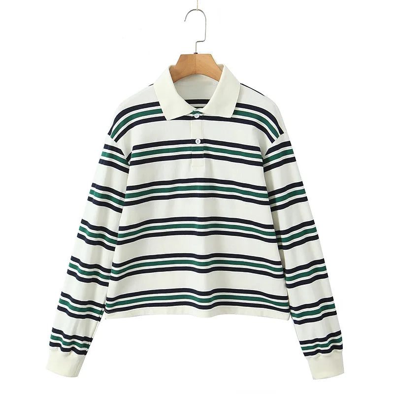 Vintage Stripe Basic Women's T-shirt Casual Long Sleeve Female All Match Polo Shirt Spring New Ladies Loose Tops High Street