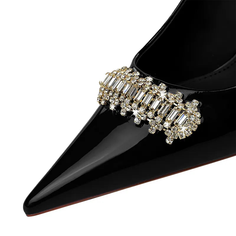 Rhinestone Women Pumps in Patent Leather with High Heels for Luxury Banquets