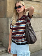 Fashion Stripe Women's T-shirt Casual Short Sleeve Female All Match Polo Shirts Summer New Ladies Loose Tops High Street