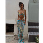 Print Deep V-Neck Metal Ring Waist Cut Out Bodycon Maxi Dress