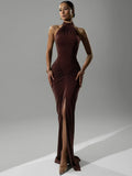 Ribbed Knit Halter Neck Ruched Hip High Split Maxi Dress