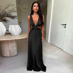 Satin Deep V-Neck Waist Cut Out Flowy Maxi Dress