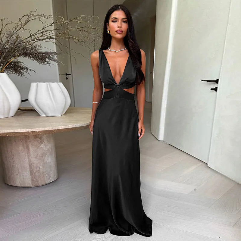 Satin Deep V-Neck Waist Cut Out Flowy Maxi Dress