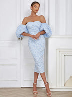 Off Shoulder Floral Jacquard Puff Sleeve Bodycon Midi Dress