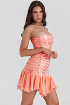 Strapless Lace-Up Backless Patchwork Mini Dress - Patchwork Mini Dress