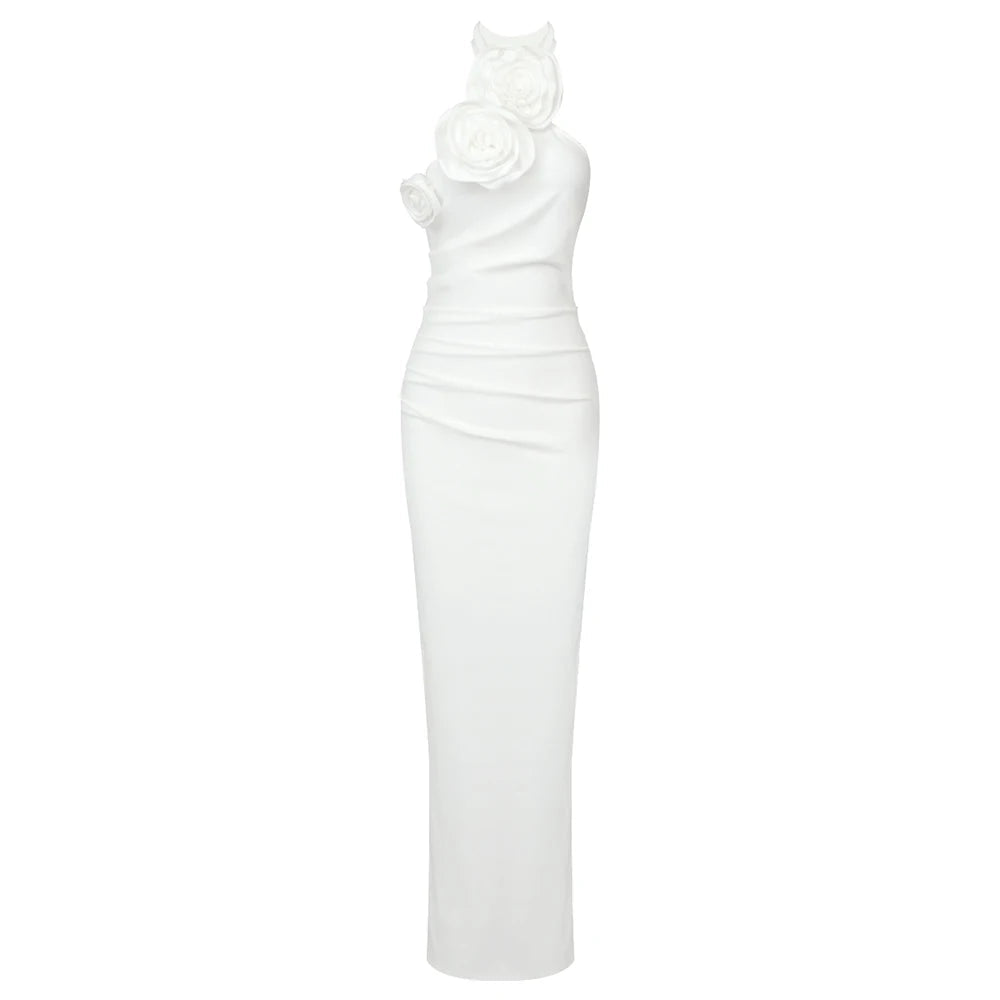 Bonnie Halter Gown Dress with Ruched 3D Flowers