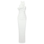 Bonnie Halter Gown Dress with Ruched 3D Flowers