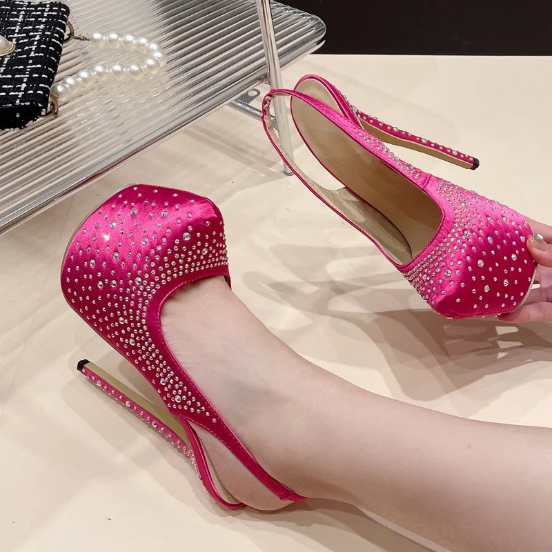 Rhinestone Silk Crystal Platform Pumps Stiletto Heels for Women
