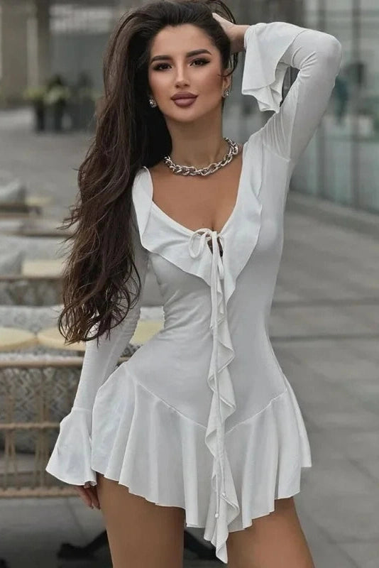 Slim Fit Long Sleeve Mini Dress with High Waist Lace-Up