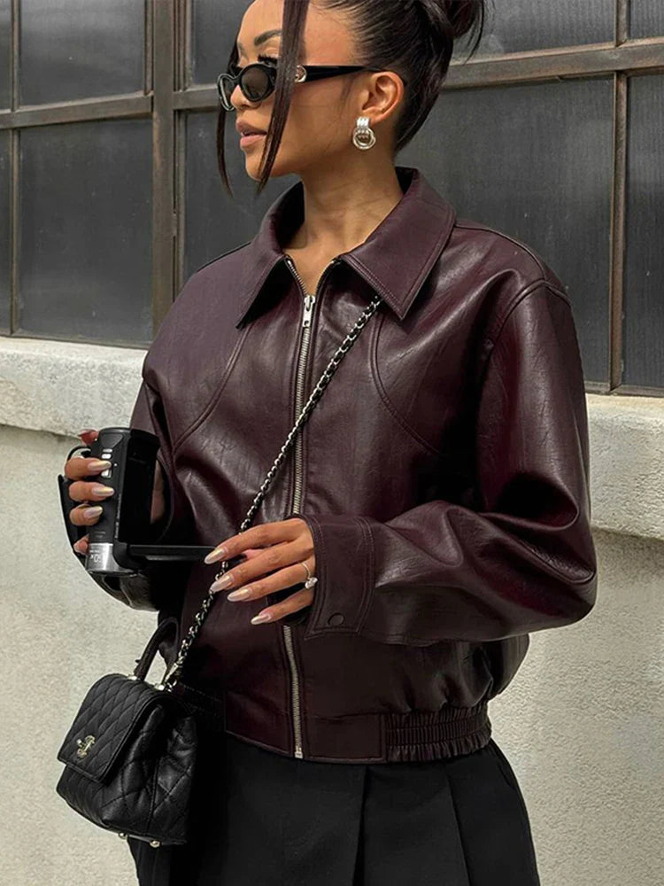 PU Leather Women Jackets Coats Casual Turn Down Collar Long Sleeve Zipper Female Motorcycle Top Coat Autumn Vintage Outwear