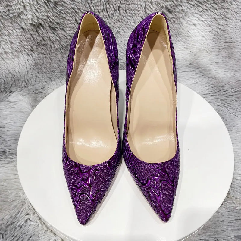Purple Crocodile Embossed Pointy Toe Slip On High Heel Shoes for Women