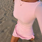 Ribbed Knit Crew Neck Long Sleeve Side Ruched Tie Hem Bodycon Mini Dress